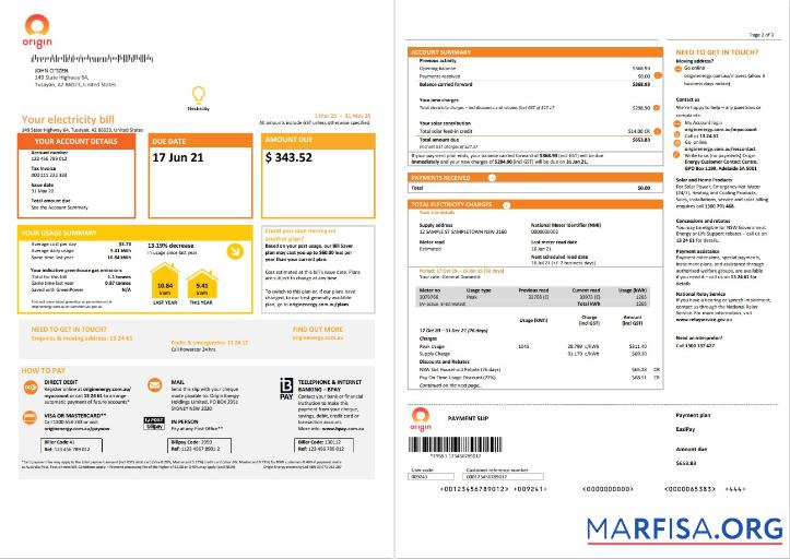 Realistic Australia New South Wales (NSW) Origin electricity utility bill template in Word and PDF format 1 2